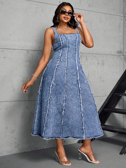 jkthpu-45 Women'S Adjustable Strap Maxi Dress - Sleeveless A-Line Denim Sun Dress with Chain Detail, Casual Blue Jean Dress for All Seasons, Perfect for Outdoor Gatherings, Versatile Fashion | Aline Silhouette | Nonstretch Fabric