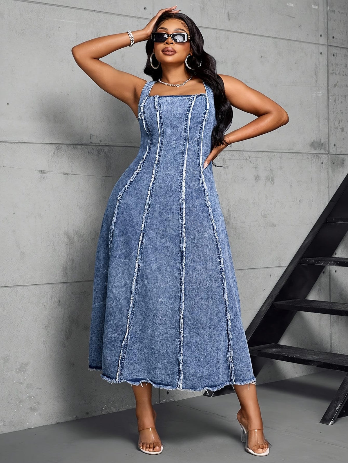 jkthpu-45 Women'S Adjustable Strap Maxi Dress - Sleeveless A-Line Denim Sun Dress with Chain Detail, Casual Blue Jean Dress for All Seasons, Perfect for Outdoor Gatherings, Versatile Fashion | Aline Silhouette | Nonstretch Fabric