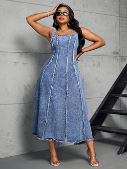 jkthpu-45 Women'S Adjustable Strap Maxi Dress - Sleeveless A-Line Denim Sun Dress with Chain Detail, Casual Blue Jean Dress for All Seasons, Perfect for Outdoor Gatherings, Versatile Fashion | Aline Silhouette | Nonstretch Fabric