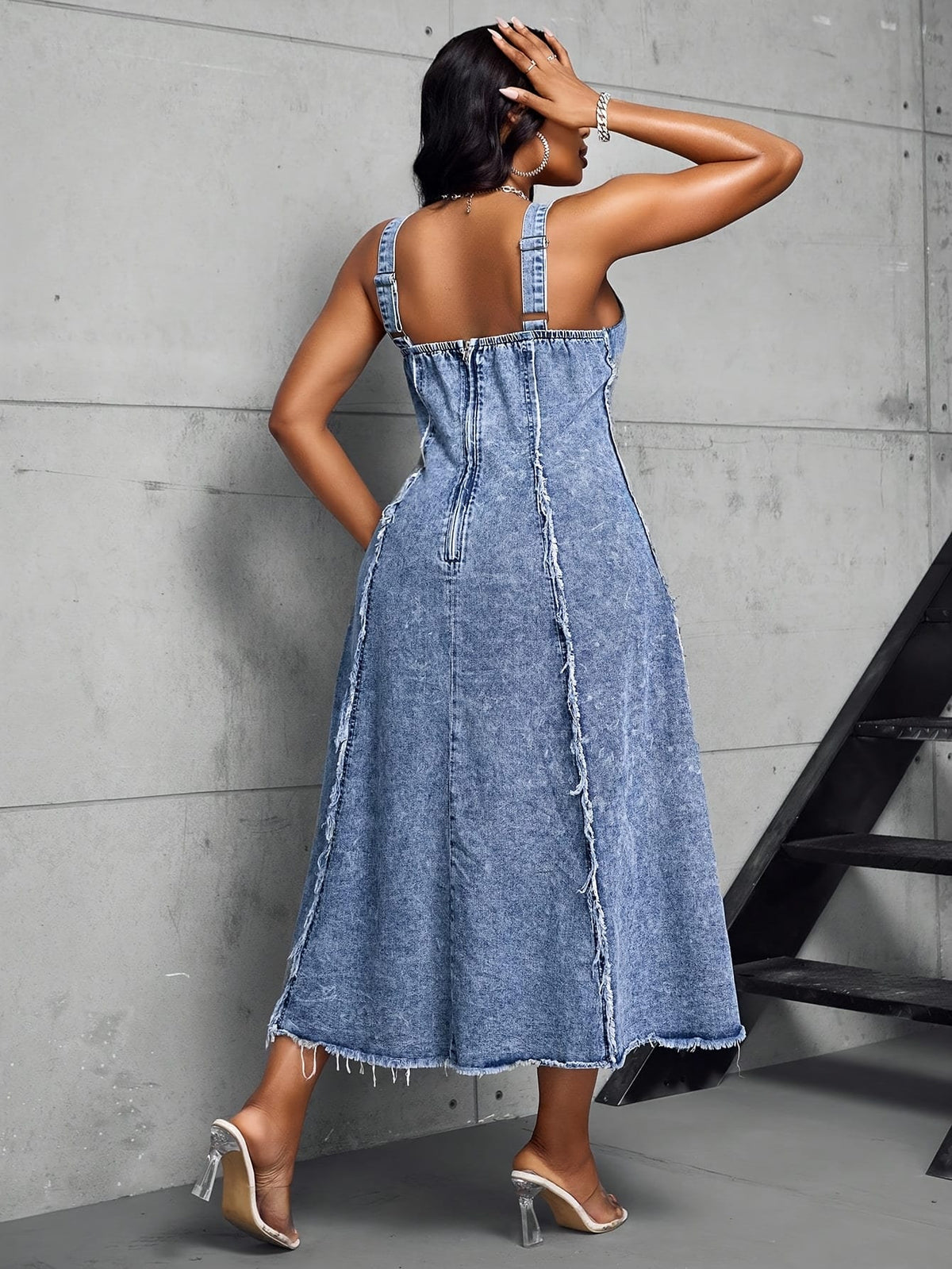 jkthpu-45 Women'S Adjustable Strap Maxi Dress - Sleeveless A-Line Denim Sun Dress with Chain Detail, Casual Blue Jean Dress for All Seasons, Perfect for Outdoor Gatherings, Versatile Fashion | Aline Silhouette | Nonstretch Fabric