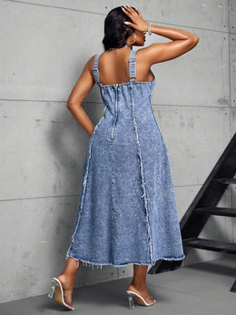 jkthpu-45 Women'S Adjustable Strap Maxi Dress - Sleeveless A-Line Denim Sun Dress with Chain Detail, Casual Blue Jean Dress for All Seasons, Perfect for Outdoor Gatherings, Versatile Fashion | Aline Silhouette | Nonstretch Fabric