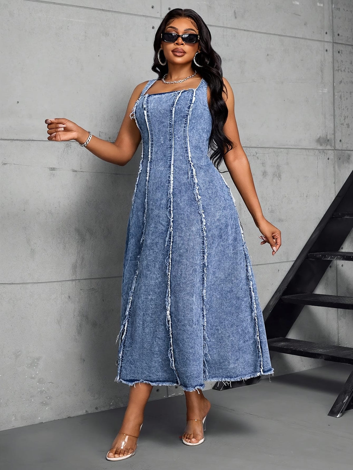 jkthpu-45 Women'S Adjustable Strap Maxi Dress - Sleeveless A-Line Denim Sun Dress with Chain Detail, Casual Blue Jean Dress for All Seasons, Perfect for Outdoor Gatherings, Versatile Fashion | Aline Silhouette | Nonstretch Fabric