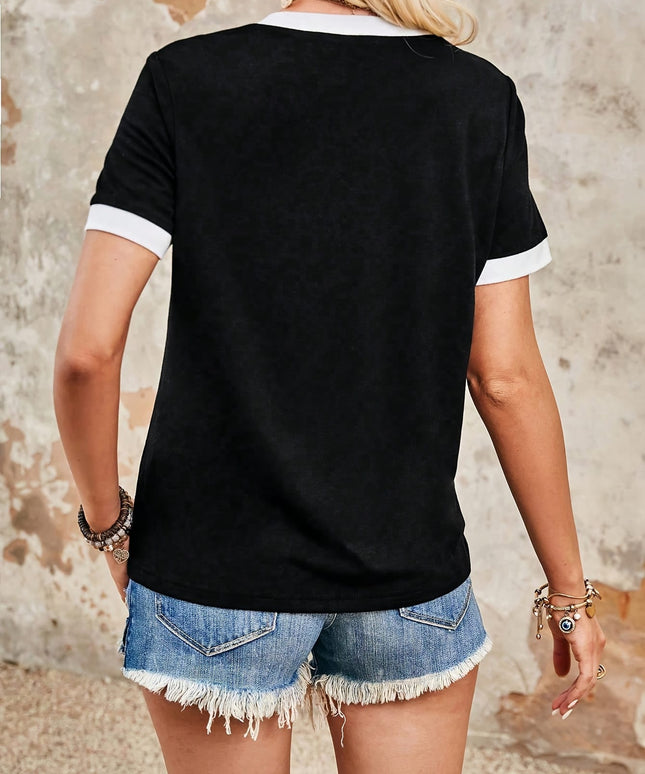 KissICON Women's Black & White Contrast V-Neck Short Sleeve T-Shirt - Stretchy Polyester-Spandex Blend, Lightweight 180gsm Casual Summer Top with Regular Fit, Ladies T Shirts