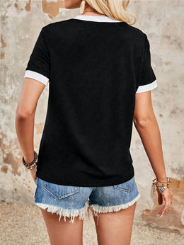 KissICON Women's Black & White Contrast V-Neck Short Sleeve T-Shirt - Stretchy Polyester-Spandex Blend, Lightweight 180gsm Casual Summer Top with Regular Fit, Ladies T Shirts