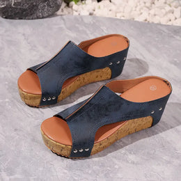 KissICON Women's Blue Retro Wedges Sandals Plus Size Thick