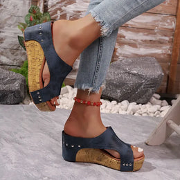 KissICON Women's Blue Retro Wedges Sandals Plus Size Thick