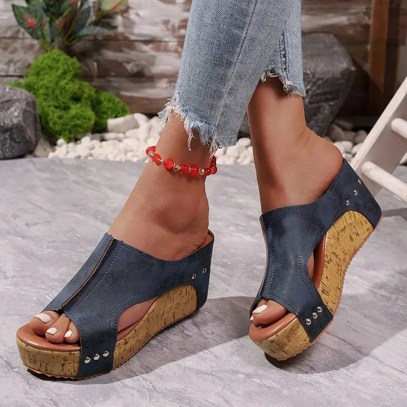 KissICON Women's Blue Retro Wedges Sandals Plus Size Thick