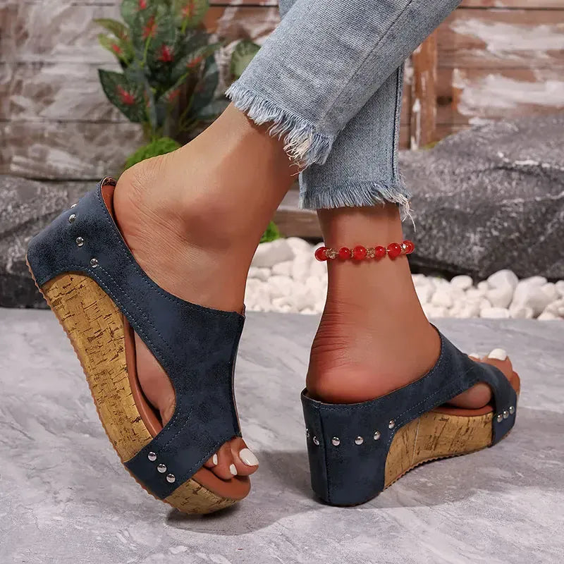 KissICON Women's Blue Retro Wedges Sandals Plus Size Thick