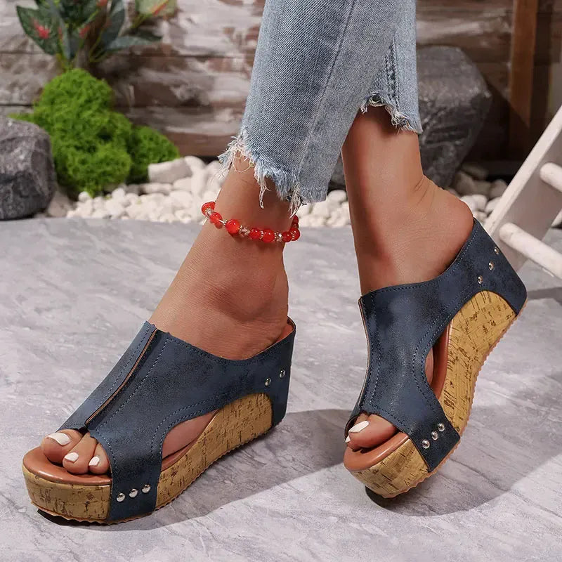KissICON Women's Blue Retro Wedges Sandals Plus Size Thick