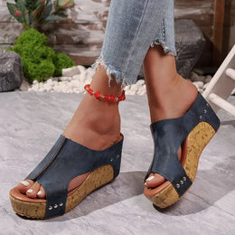 KissICON Women's Blue Retro Wedges Sandals Plus Size Thick