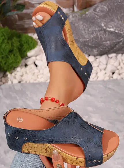 KissICON Women's Blue Retro Wedges Sandals Plus Size Thick