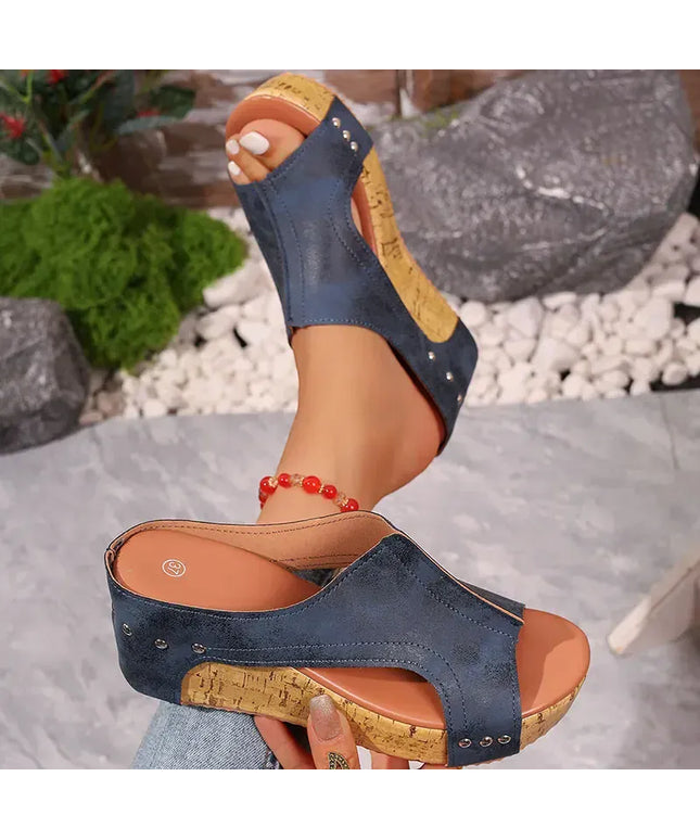 KissICON Women's Blue Retro Wedges Sandals Plus Size Thick