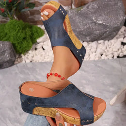 KissICON Women's Blue Retro Wedges Sandals Plus Size Thick