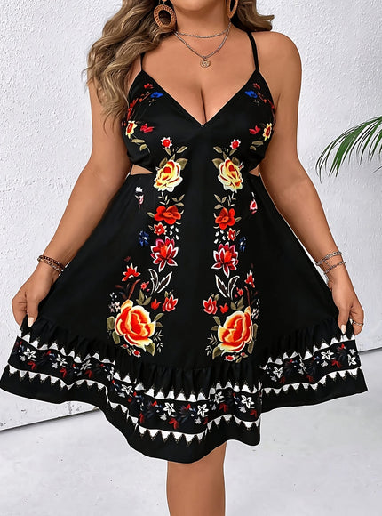 jkthpu-45 Women's Bohemian Floral Print Spaghetti Suspender Dress - Lightweight Machine-Washable Summer Dress with Vibrant Black Background, Exposed Shoulder Design for Beach Vacations, Casual Outings & Spring/Summer Wear, Spaghetti Strap Summer Dress