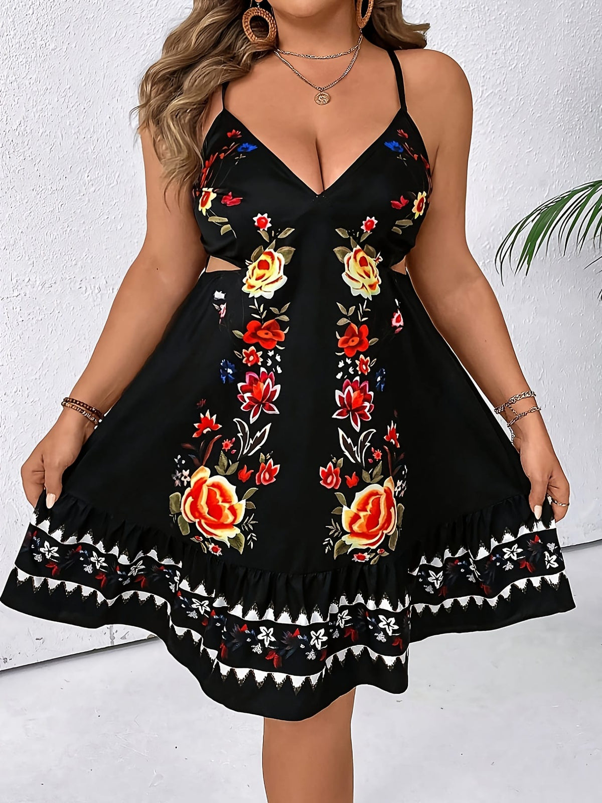 jkthpu-45 Women's Bohemian Floral Print Spaghetti Suspender Dress - Lightweight Machine-Washable Summer Dress with Vibrant Black Background, Exposed Shoulder Design for Beach Vacations, Casual Outings & Spring/Summer Wear, Spaghetti Strap Summer Dress