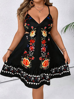jkthpu-45 Women's Bohemian Floral Print Spaghetti Suspender Dress - Lightweight Machine-Washable Summer Dress with Vibrant Black Background, Exposed Shoulder Design for Beach Vacations, Casual Outings & Spring/Summer Wear, Spaghetti Strap Summer Dress