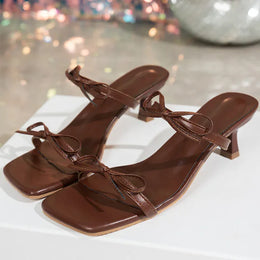 KissICON Women's Bowtie Decor High Heels Sandals Summer Brown