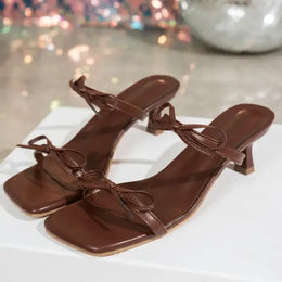KissICON Women's Bowtie Decor High Heels Sandals Summer Brown