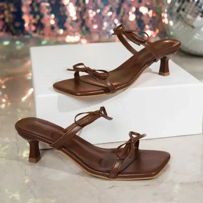 KissICON Women's Bowtie Decor High Heels Sandals Summer Brown