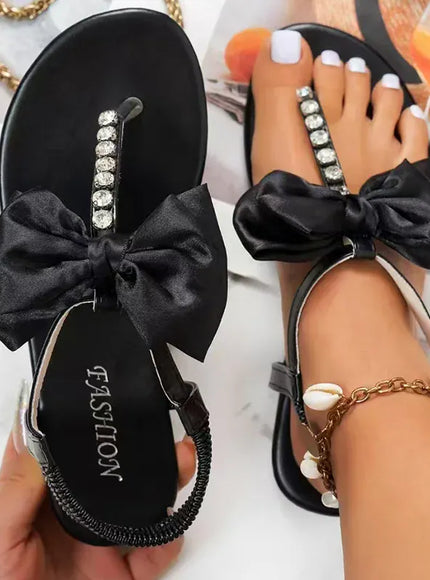 KissICON Women's Bowtie Decor Solid Flat Sandals Shiny Crystal