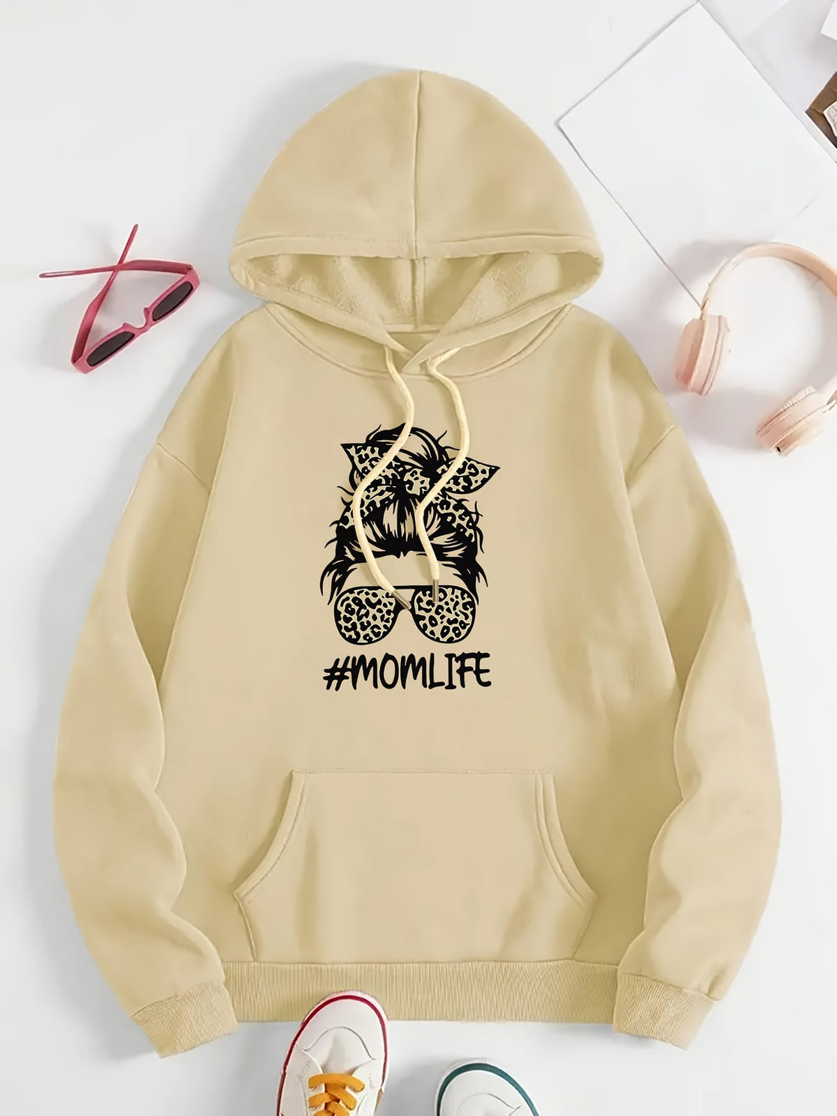 jkthpu-45 Women's Casual Beige Hoodie with Stylish Mom Life