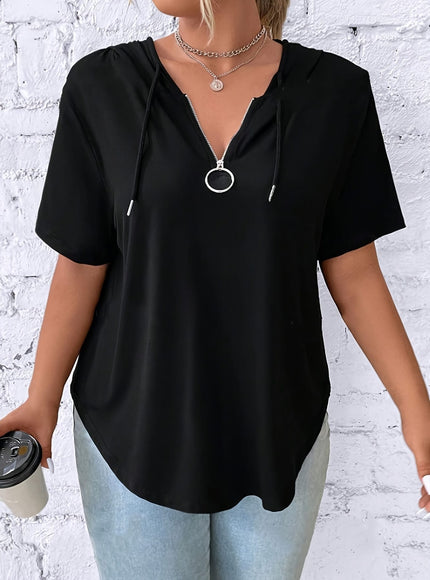 KissICON Women'S Casual V-Neck Hooded T-Shirt - Black, Short