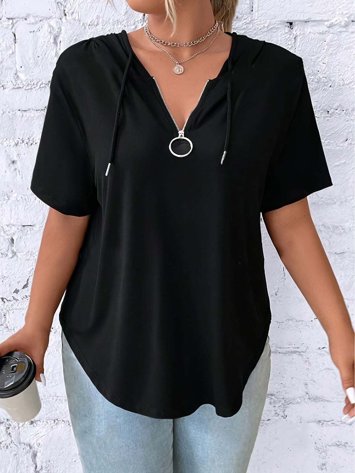 KissICON Women'S Casual V-Neck Hooded T-Shirt - Black, Short
