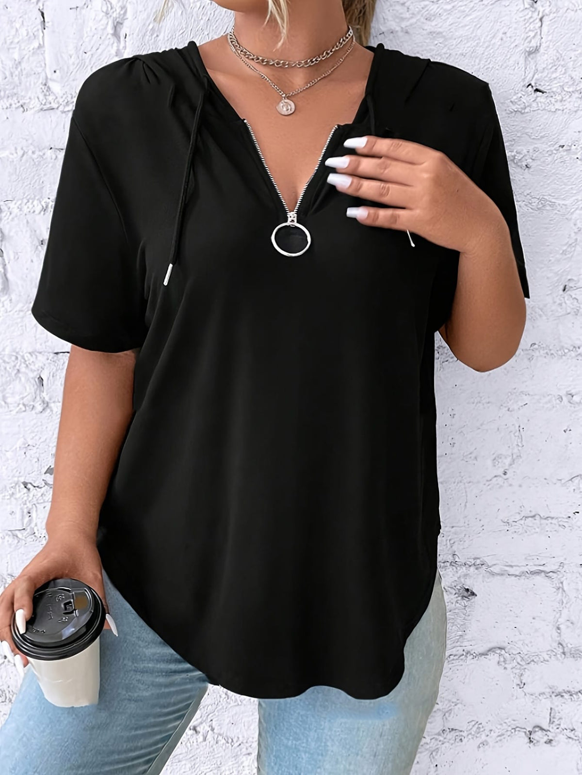KissICON Women'S Casual V-Neck Hooded T-Shirt - Black, Short