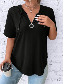 KissICON Women'S Casual V-Neck Hooded T-Shirt - Black, Short