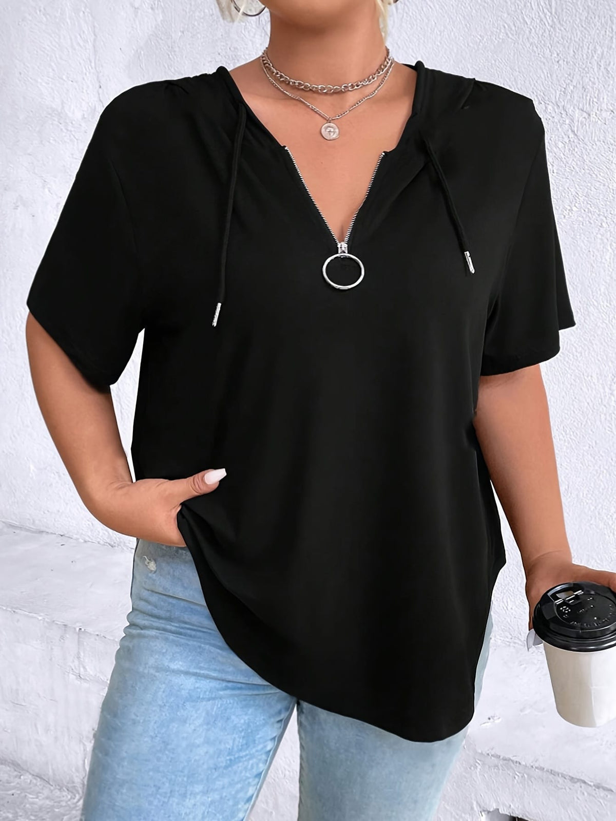 KissICON Women'S Casual V-Neck Hooded T-Shirt - Black, Short