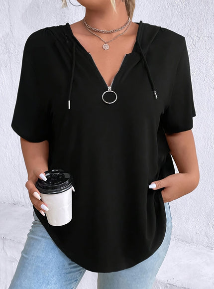 KissICON Women'S Casual V-Neck Hooded T-Shirt - Black, Short