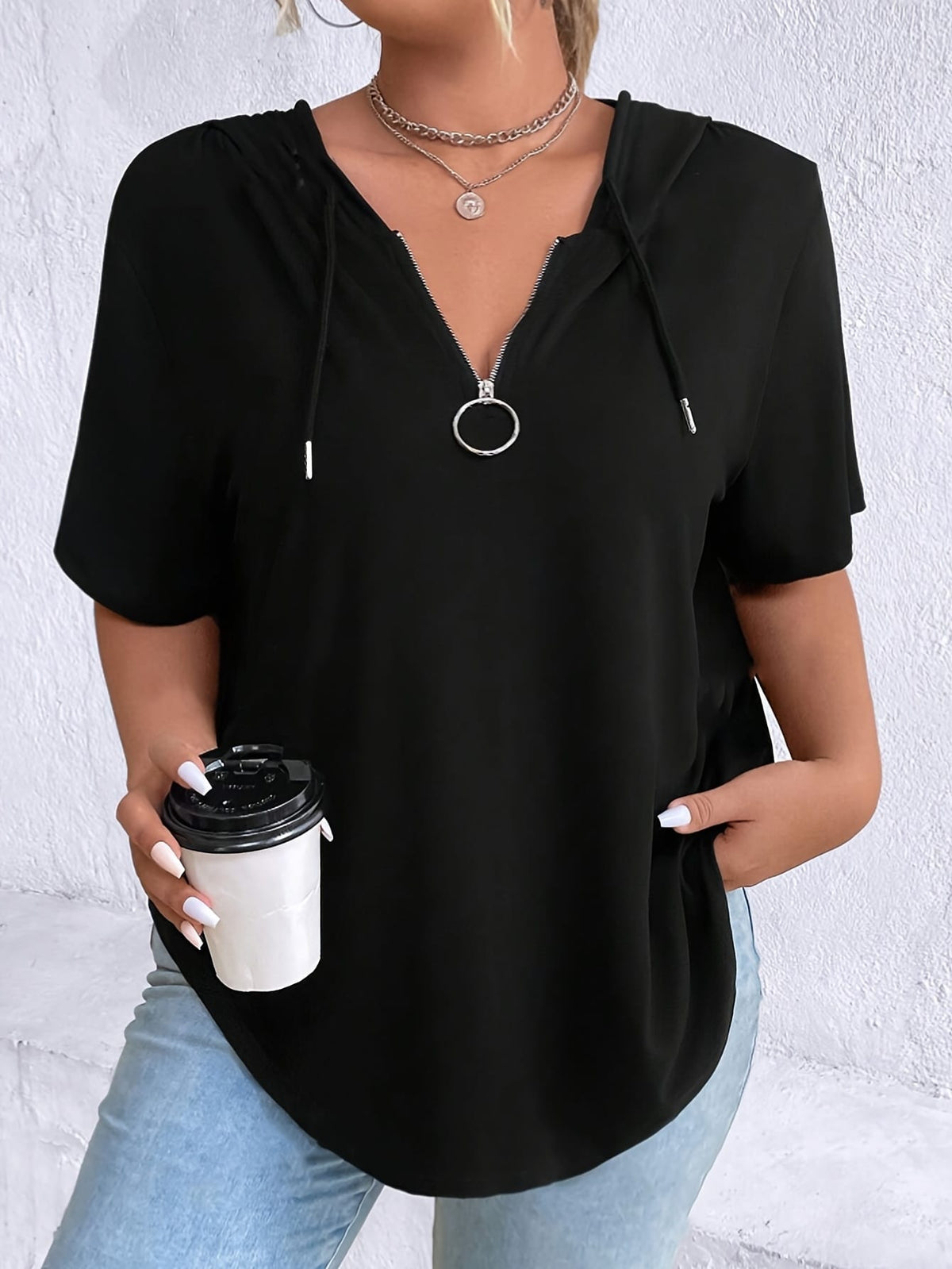 KissICON Women'S Casual V-Neck Hooded T-Shirt - Black, Short