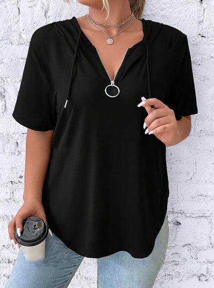 KissICON Women'S Casual V-Neck Hooded T-Shirt - Black, Short