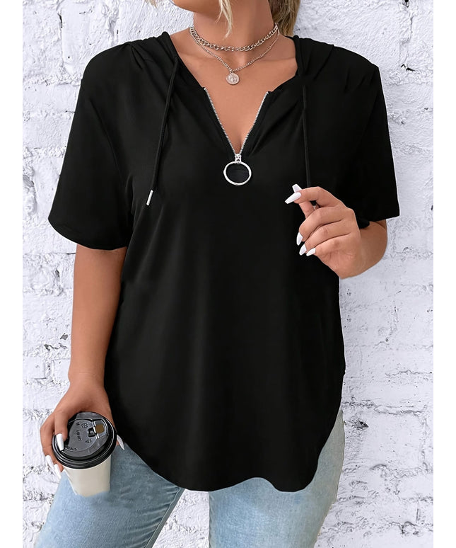 KissICON Women'S Casual V-Neck Hooded T-Shirt - Black, Short