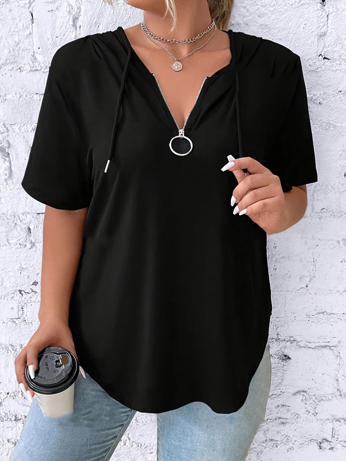 KissICON Women'S Casual V-Neck Hooded T-Shirt - Black, Short