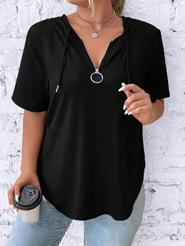 KissICON Women'S Casual V-Neck Hooded T-Shirt - Black, Short