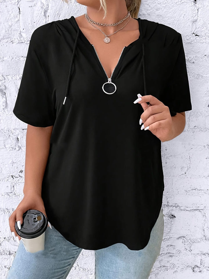Women'S Casual V-Neck Hooded T-Shirt - Black, Short