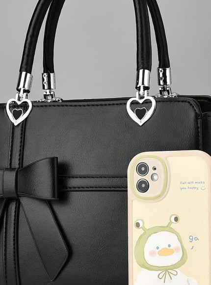 jkthpu-45 Women'S Chic Solid Color Handbag with Bow Accent, Adjustable Shoulder Strap, and Wristlet - Synthetic, Zip Closure, Casual Elegance, Versatile Tote for Everyday Use