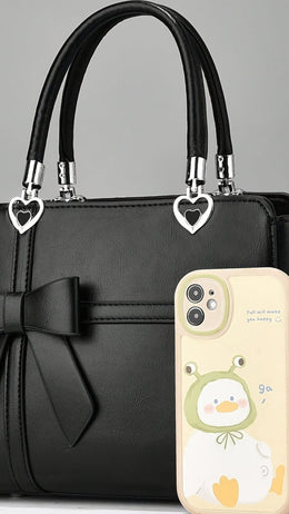 jkthpu-45 Women'S Chic Solid Color Handbag with Bow Accent, Adjustable Shoulder Strap, and Wristlet - Synthetic, Zip Closure, Casual Elegance, Versatile Tote for Everyday Use