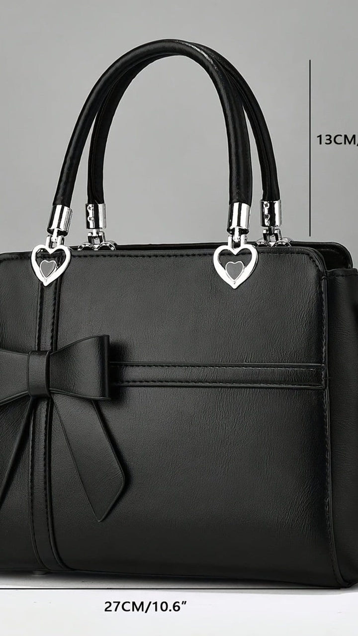 Women'S Chic Solid Color Handbag with Bow Accent, Adjustable Shoulder Strap, and Wristlet - Synthetic, Zip Closure, Casual Elegance, Versatile Tote for Everyday Use