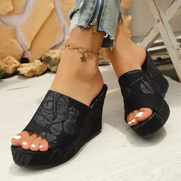 KissICON Women's Concise Embroider Wedges Sandals Summer Comfort Thick