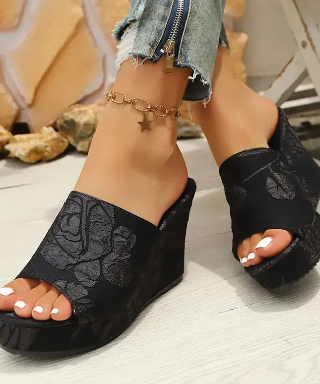 KissICON Women's Concise Embroider Wedges Sandals Summer Comfort Thick