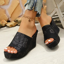 KissICON Women's Concise Embroider Wedges Sandals Summer Comfort Thick