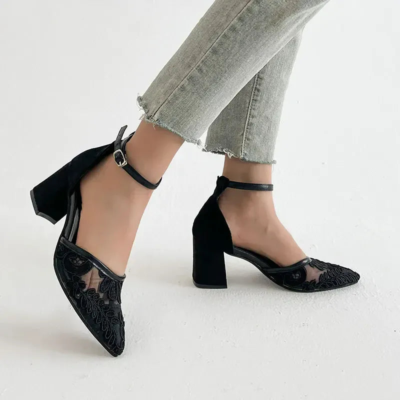 KissICON Women's Concise Mesh High Heel Sandals Embroider Decor