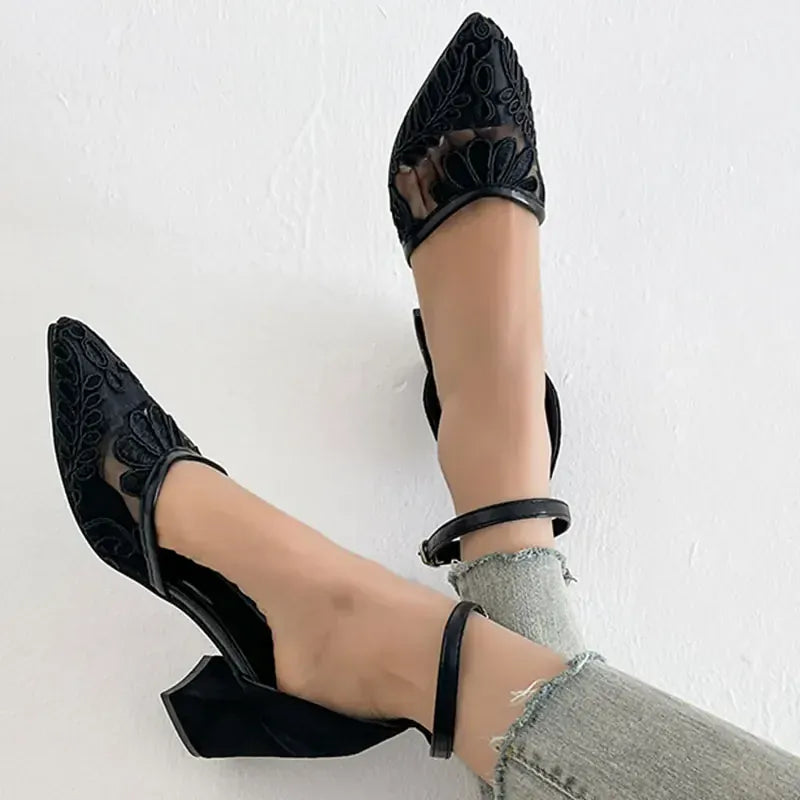 KissICON Women's Concise Mesh High Heel Sandals Embroider Decor