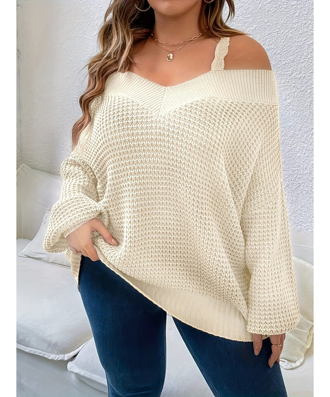 jkthpu-45 Women'S Cozy Off-Shoulder Sweater - Beige Knit Pullover