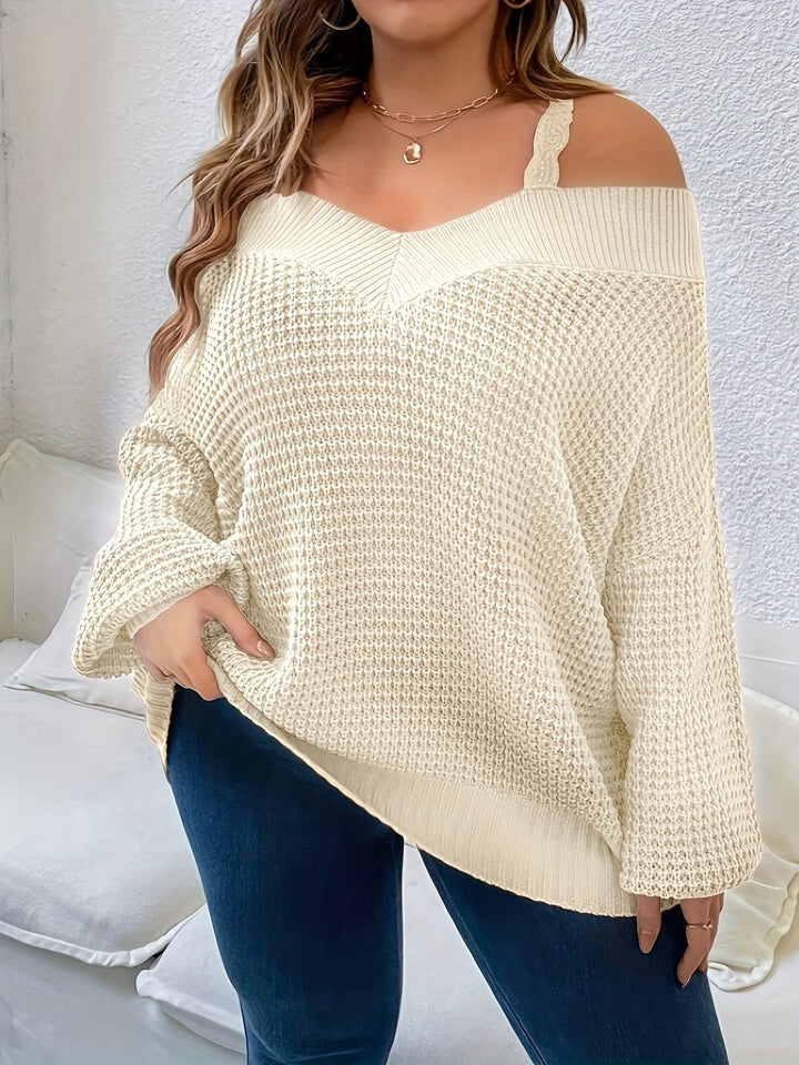 Women'S Cozy Off-Shoulder Sweater - Beige Knit Pullover