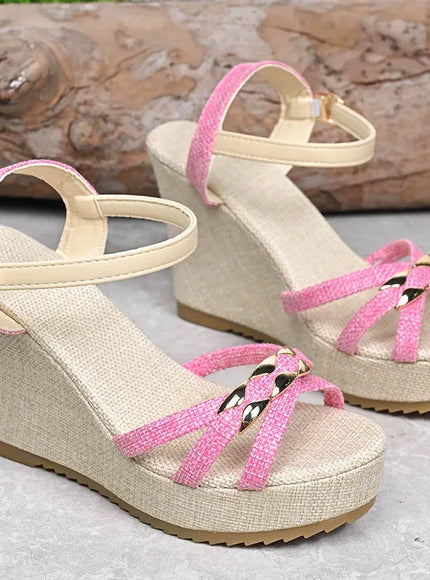 KissICON Women's Cross Band Metal Wedges Sandals Thick Sole
