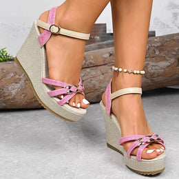 KissICON Women's Cross Band Metal Wedges Sandals Thick Sole