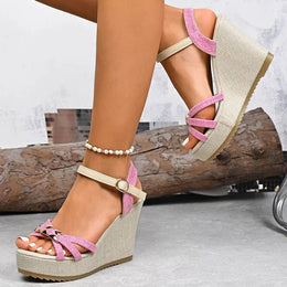 KissICON Women's Cross Band Metal Wedges Sandals Thick Sole